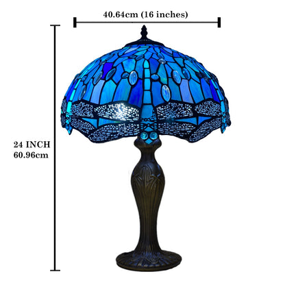 Auroh Tiffany Table Lamp 16 Inch – TFTL-1607 Deep Sapphire Blue Dragonfly Handcrafted Stained Glass, UK