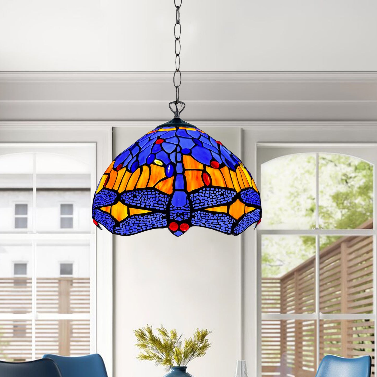 Auroh Tiffany Pendant Light 10 Inch – P-1002 Blue & Amber Sunset Dragonfly Handcrafted Stained Glass, Hallway or Bedroom, UK