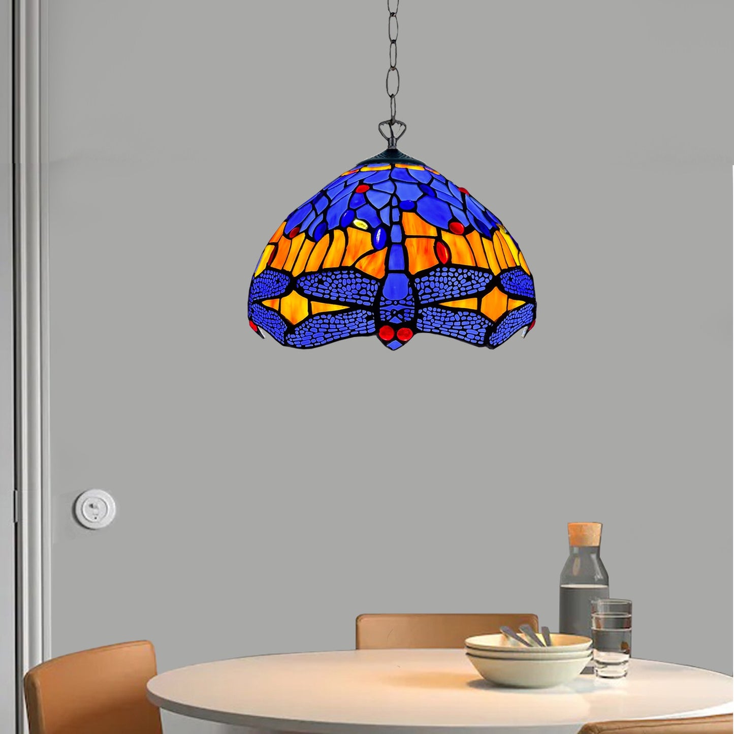 Auroh Tiffany Pendant Light 10 Inch – P-1002 Blue & Amber Sunset Dragonfly Handcrafted Stained Glass, Hallway or Bedroom, UK