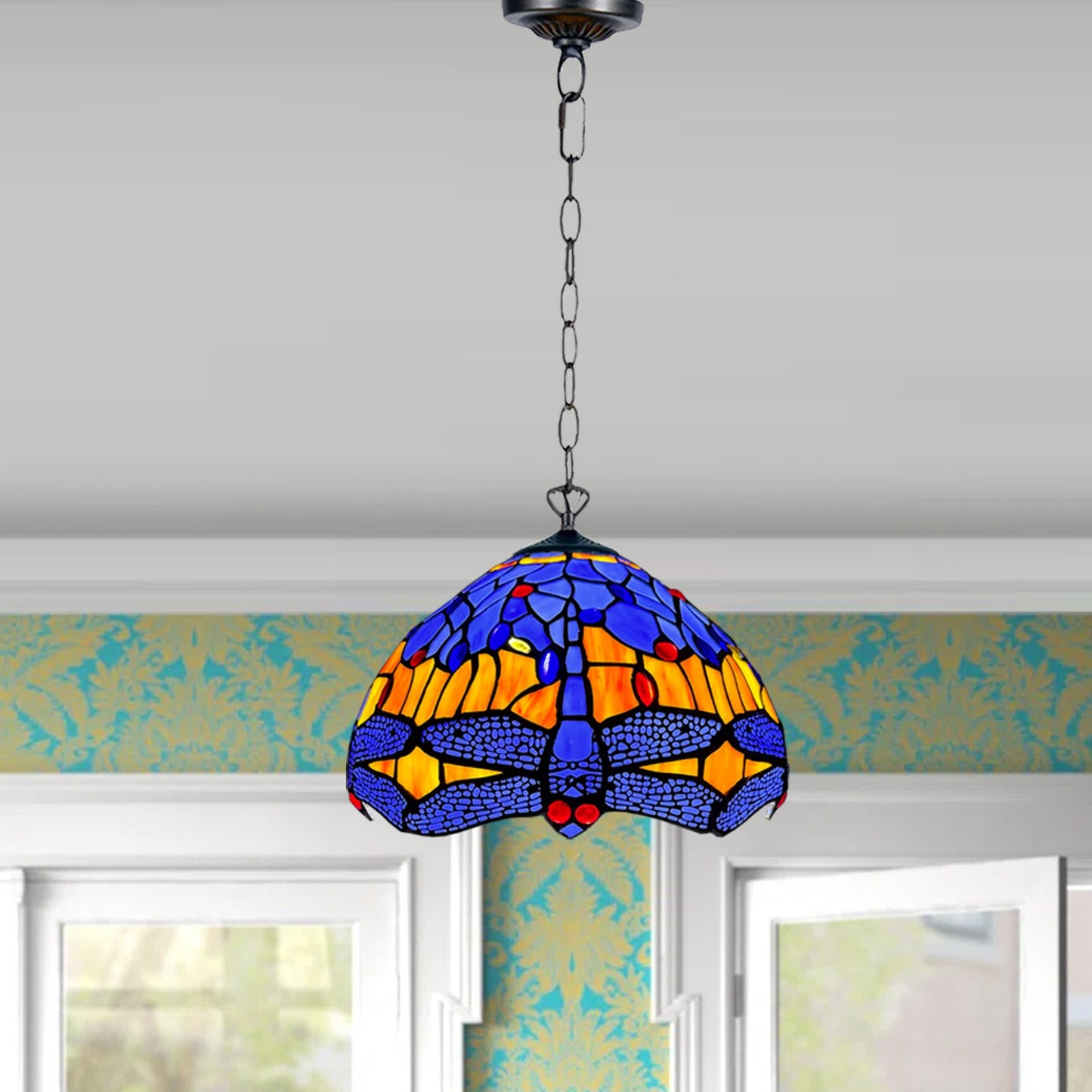 Auroh Tiffany Pendant Light 10 Inch – P-1002 Blue & Amber Sunset Dragonfly Handcrafted Stained Glass, Hallway or Bedroom, UK