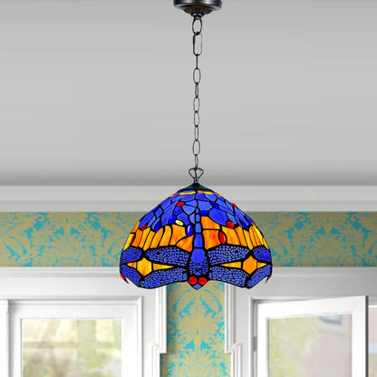Auroh Tiffany Pendant Light 10 Inch – P-1002 Blue & Amber Sunset Dragonfly Handcrafted Stained Glass, Hallway or Bedroom, UK