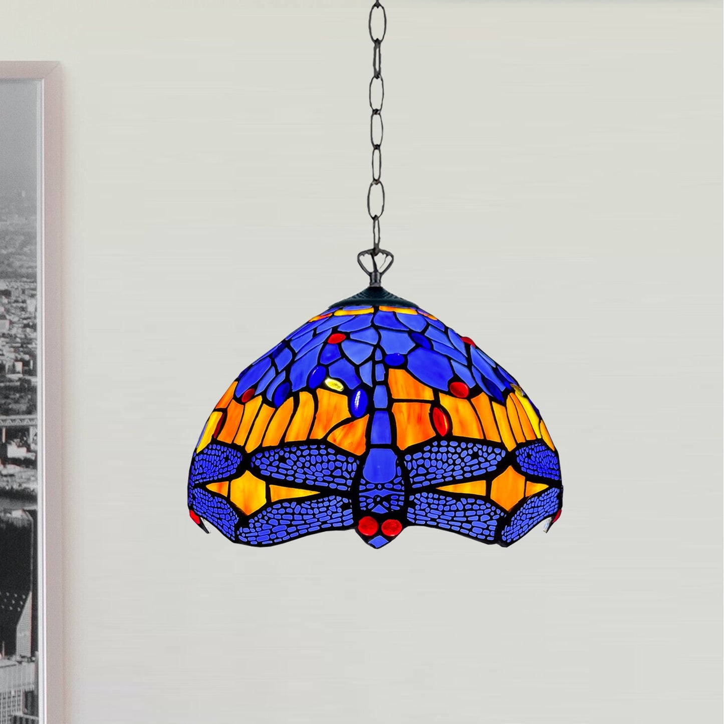 Auroh Tiffany Pendant Light 10 Inch – P-1002 Blue & Amber Sunset Dragonfly Handcrafted Stained Glass, Hallway or Bedroom, UK