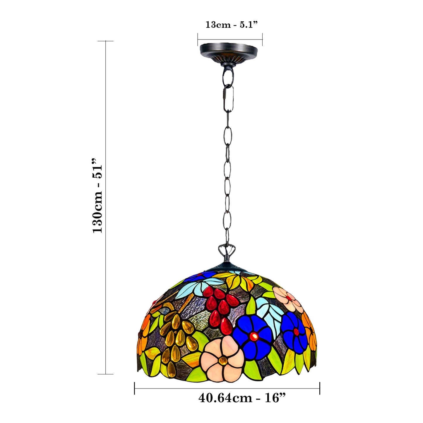 Auroh Tiffany Pendant Light 16 Inch – P-1609 Multicolour Garden Floral Handcrafted Stained Glass, UK