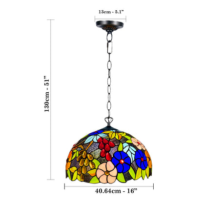 Auroh Tiffany Pendant Light 16 Inch – P-1609 Multicolour Garden Floral Handcrafted Stained Glass, UK