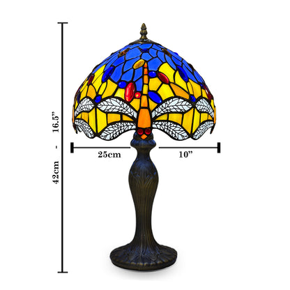 Auroh Tiffany Table Lamp 10 Inch – TFTL-1003 Blue & Yellow Dragonfly with White Wings Handcrafted Stained Glass, Bedside or Desk, UK