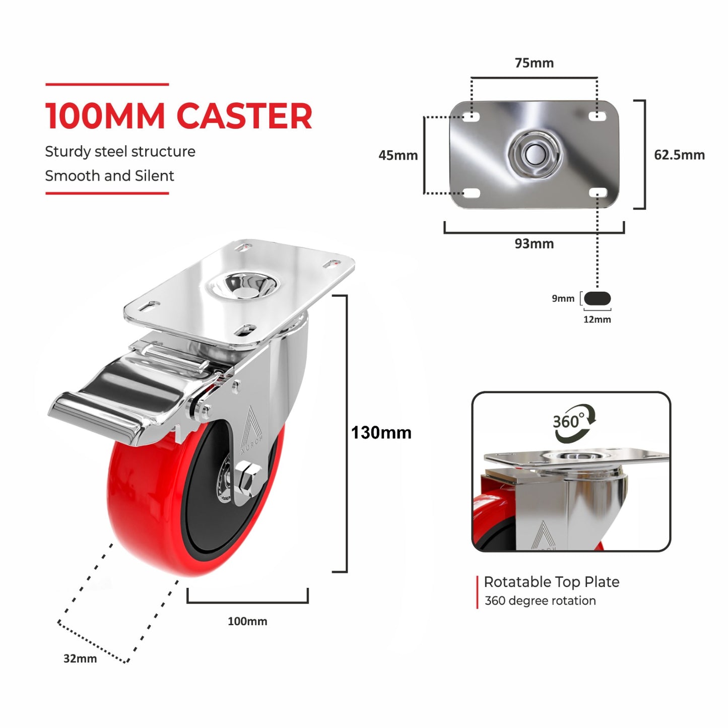 Auroh 100mm Red Castor Wheels Set of 4 - 600KG Heavy Duty Rubber Swivel trolley wheels Low Noise Castors for Furniture
