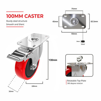 Auroh 100mm Red Castor Wheels Set of 4 - 600KG Heavy Duty Rubber Swivel trolley wheels Low Noise Castors for Furniture