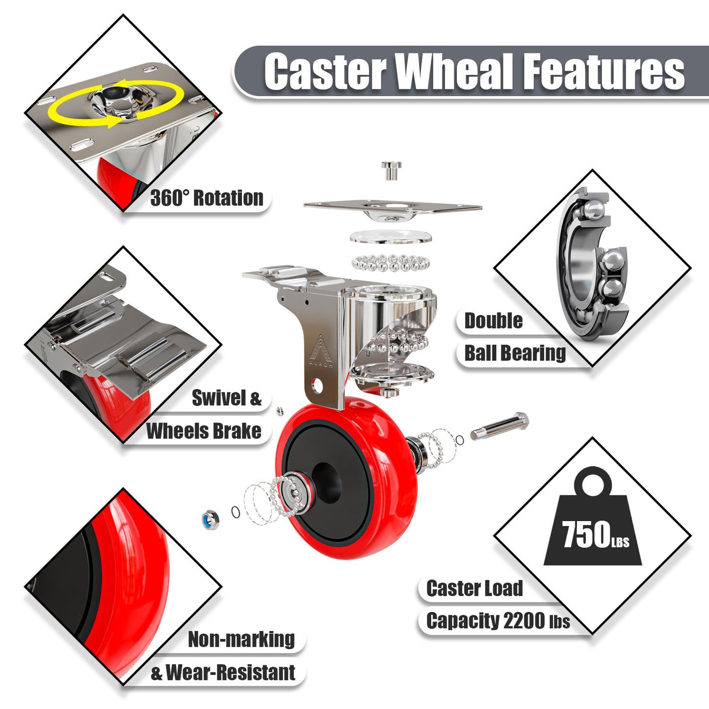 Auroh 100mm Red Castor Wheels Set of 4 - 600KG Heavy Duty Rubber Swivel trolley wheels Low Noise Castors for Furniture