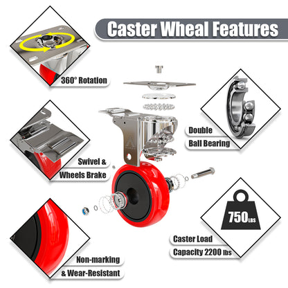 Auroh 100mm Red Castor Wheels Set of 4 - 600KG Heavy Duty Rubber Swivel trolley wheels Low Noise Castors for Furniture