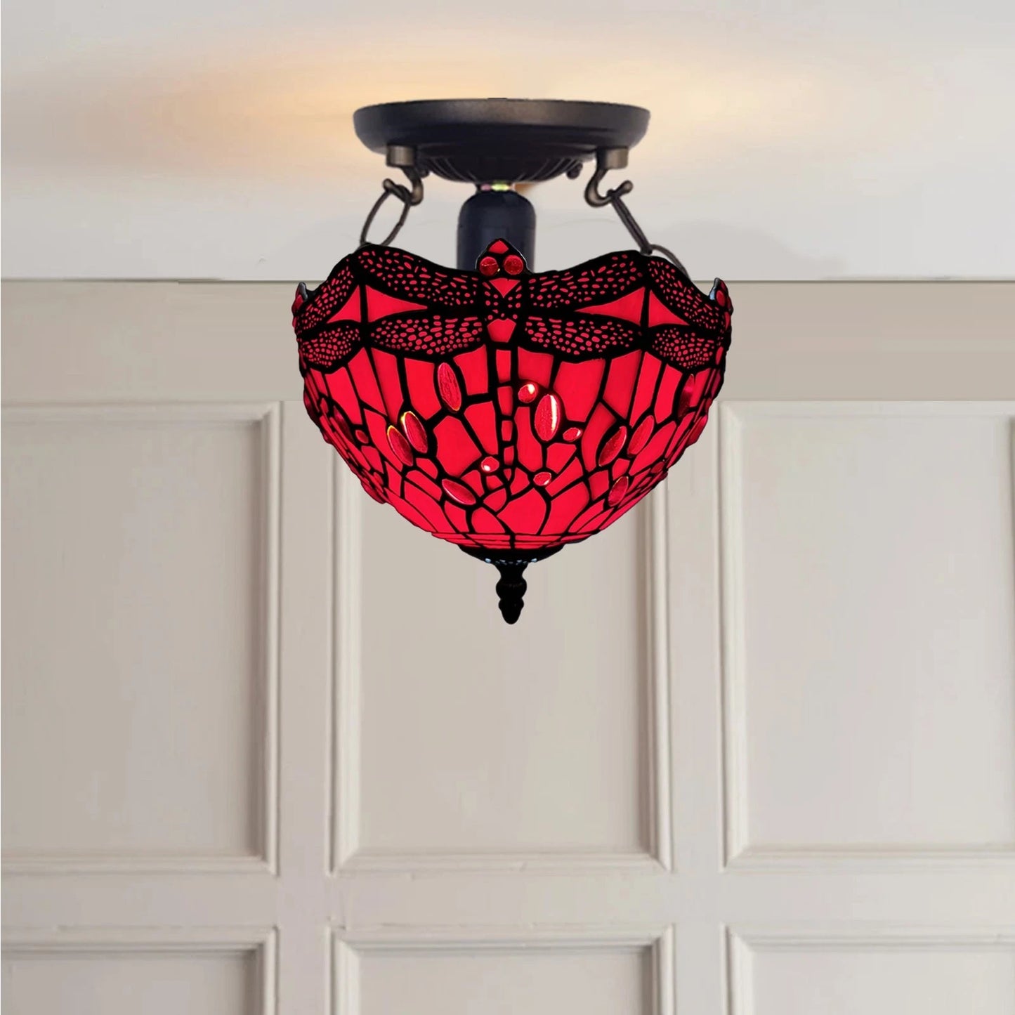Auroh Tiffany Ceiling Light 10 Inch – C-1006 Red Dragonfly Handcrafted Stained Glass, Bedroom or Hallway, UK
