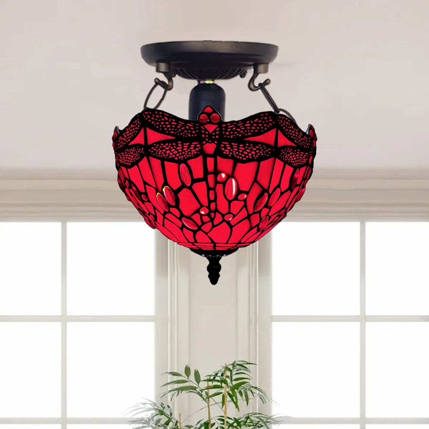 Auroh Tiffany Ceiling Light 10 Inch – C-1006 Red Dragonfly Handcrafted Stained Glass, Bedroom or Hallway, UK