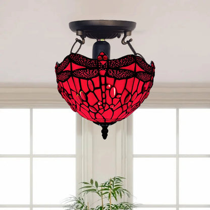 Auroh Tiffany Ceiling Light 10 Inch – C-1006 Red Dragonfly Handcrafted Stained Glass, Bedroom or Hallway, UK