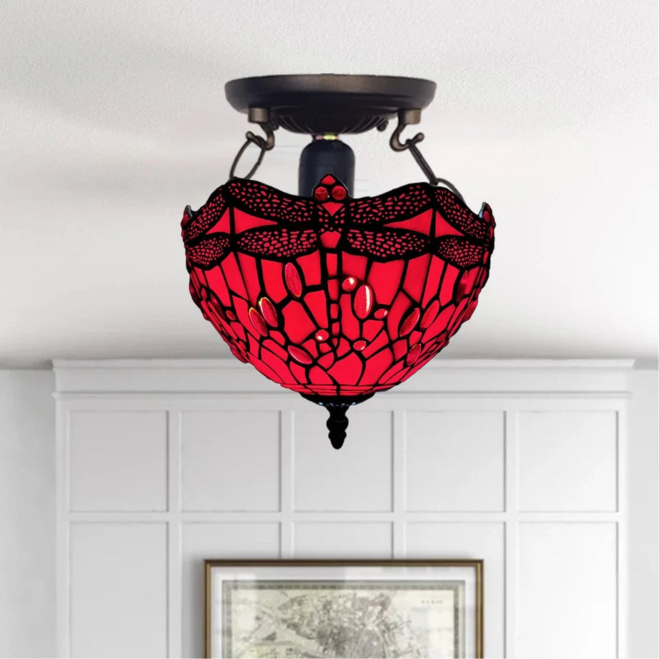 Auroh Tiffany Ceiling Light 10 Inch – C-1006 Red Dragonfly Handcrafted Stained Glass, Bedroom or Hallway, UK