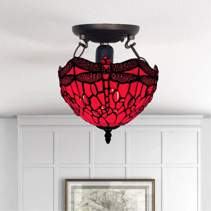 Auroh Tiffany Ceiling Light 10 Inch – C-1006 Red Dragonfly Handcrafted Stained Glass, Bedroom or Hallway, UK