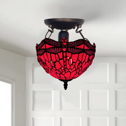 Auroh Tiffany Ceiling Light 10 Inch – C-1006 Red Dragonfly Handcrafted Stained Glass, Bedroom or Hallway, UK