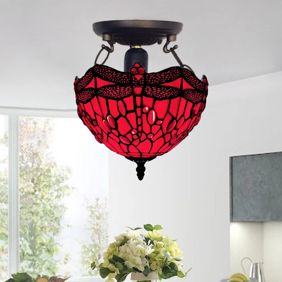 Auroh Tiffany Ceiling Light 10 Inch – C-1006 Red Dragonfly Handcrafted Stained Glass, Bedroom or Hallway, UK